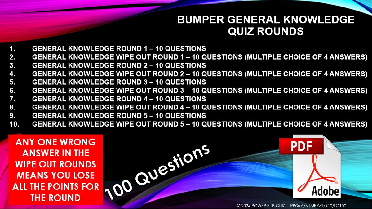 Bumper General Knowledge Quiz Printable PDF Format Power Pub Quiz