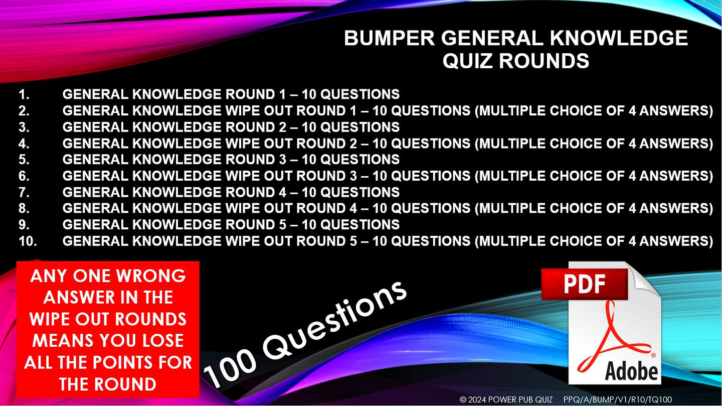 Bumper General Knowledge Quiz - Printable PDF Format